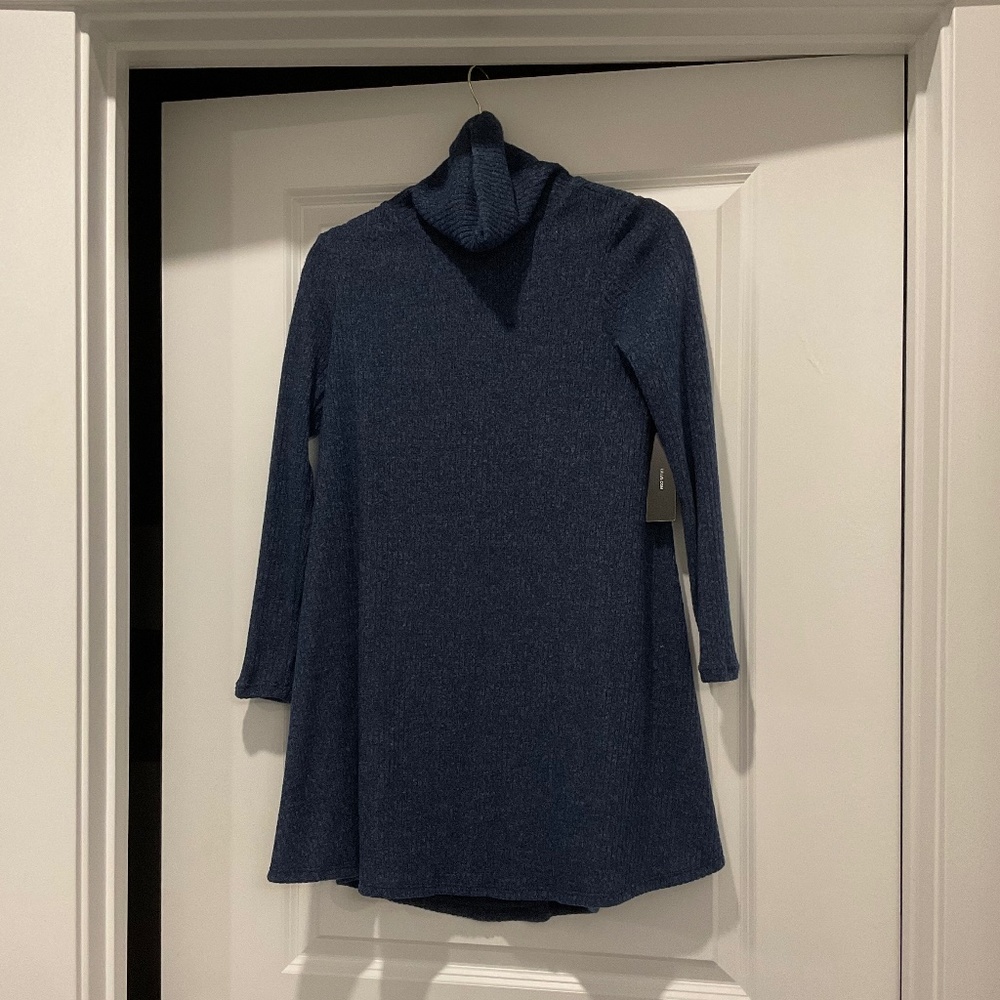 Navy turtleneck long sleeved tunic sweater dress, above the knee, ribbed texture